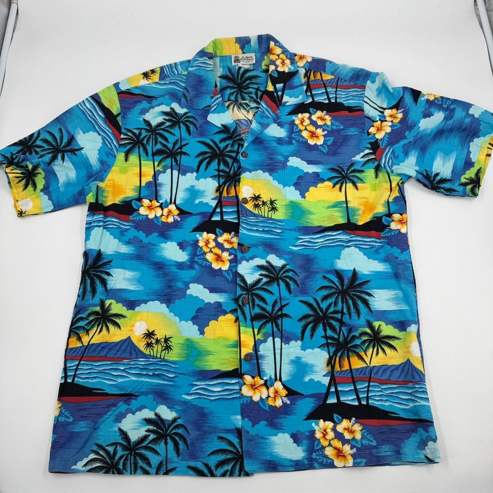 Aloha Republic Hawaiian Shirt Mens L Blue Tropical Sunset Palm Tree Cotton USA
